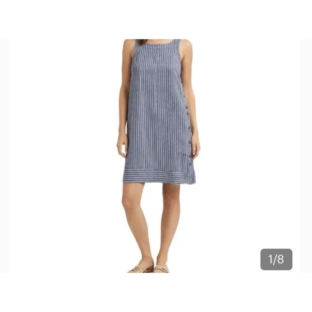 For Cynthia Women's Blue White Striped Shift Dress Sleeveless Linen Viscose M